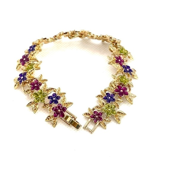 Bracelet Gold Tone With Flowers 8” - Picture 1 of 13